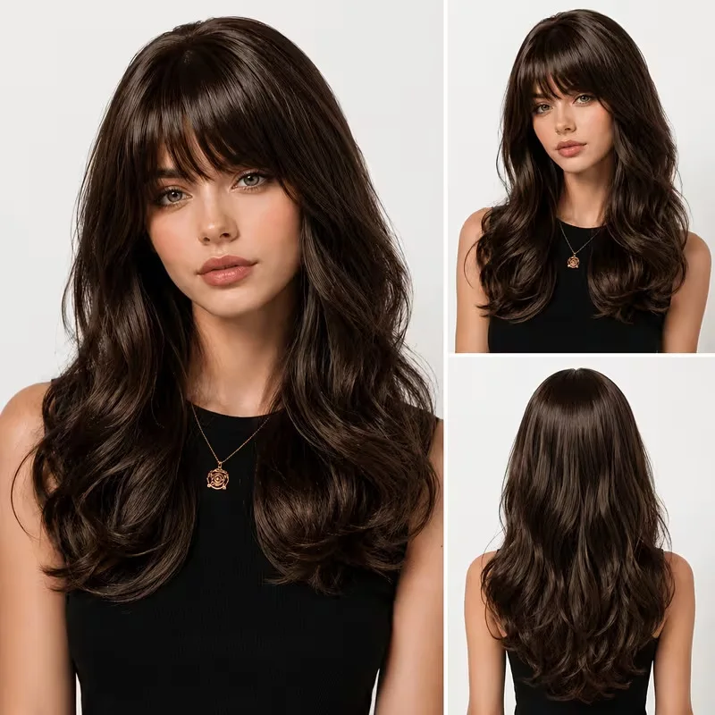Brown wig with bangs for women, vintage style, long wavy curly hair, breathable