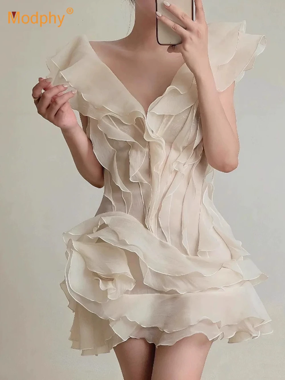 

Modphy Elegant Patchwork Ruffles Chiffon Women V Neck Sleeveless Slim Mini Dress Female Clothing Fashion 2025 Summer New