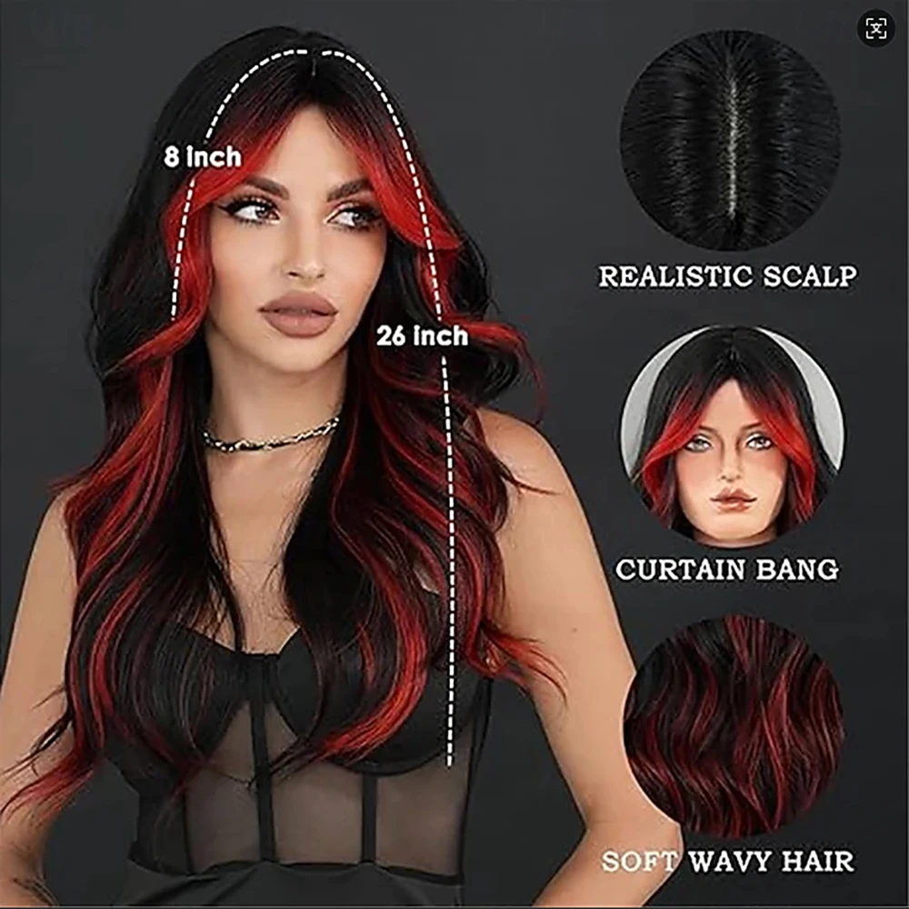 Synthetic Hair Black Red Highlight Long Wavy Wig with Curtain Bang 26 Inch Red Black Ombre Synthetic Wig Heat Resistant