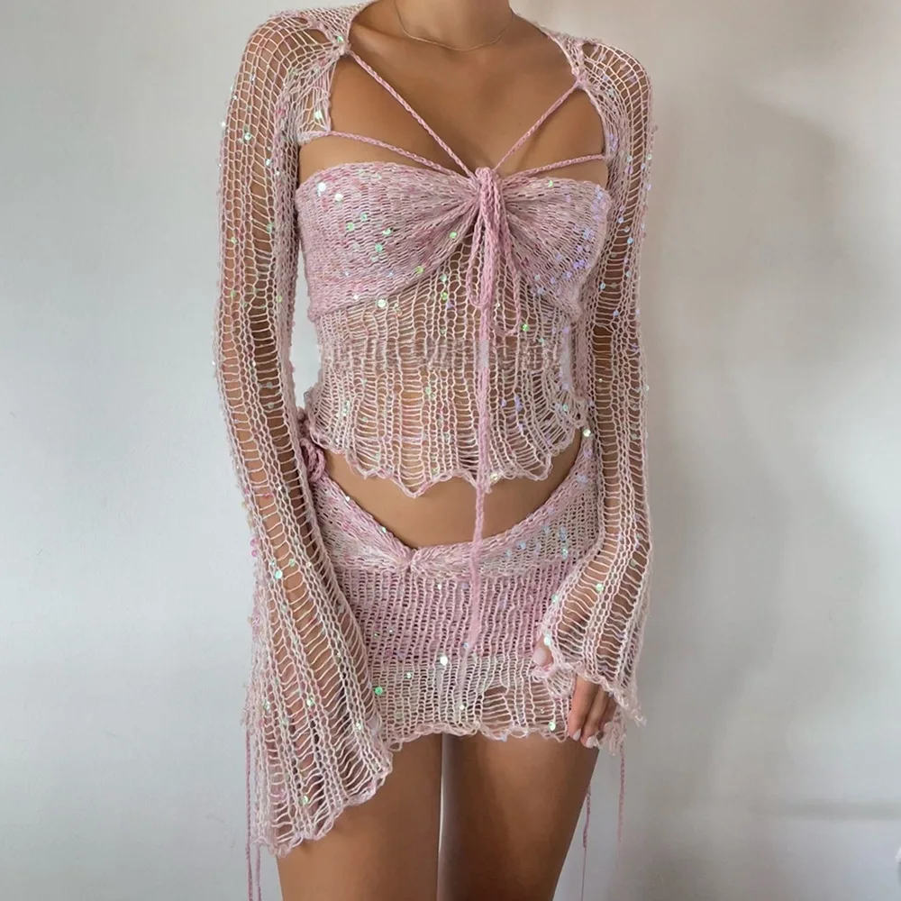 2025 New Bead Knitted Sweater Three-piece Set European and American Women's Clothing