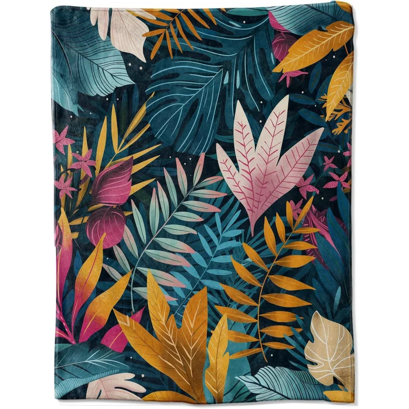 

Vibrant tropical leaf flannel soft and comfortable exotic plant blanket suitable for sofa beds or travel colored leaf designs