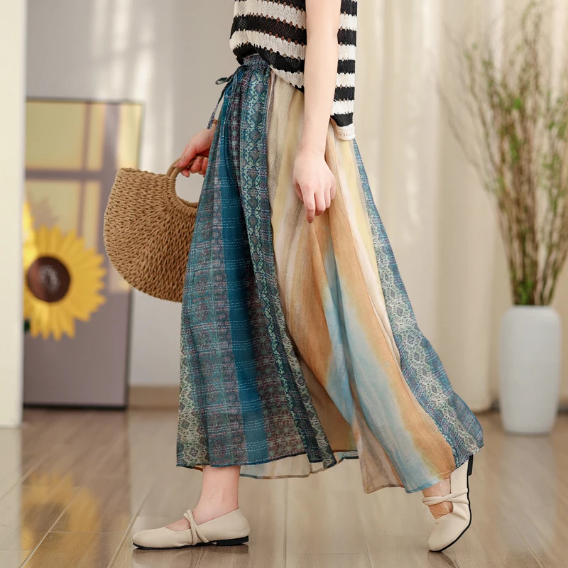 

Retro Rainbow Print Cotton Linen Pleated Skirt Women Summer Beach Vaion Casual A-Line Umbrella Skirt Trendy