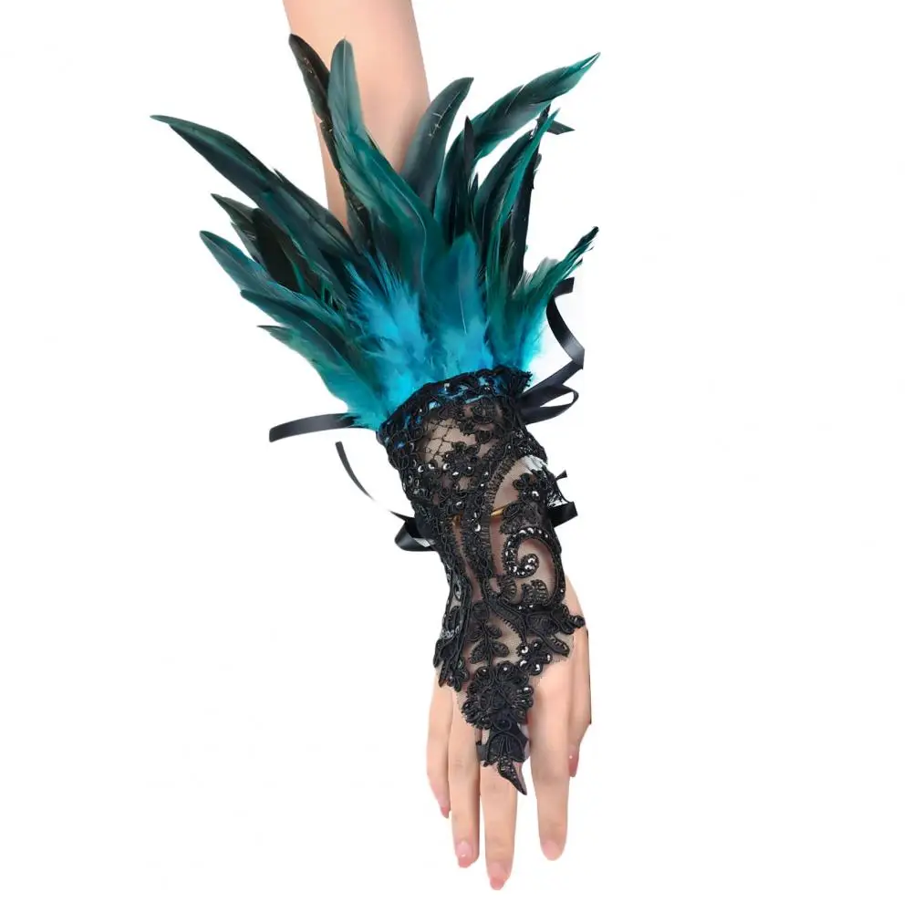 Bright Colored Gloves Elegant Gothic Lace Feather Gloves for Halloween Party Stage Accessory Women's Embroidered Mesh Sleeve