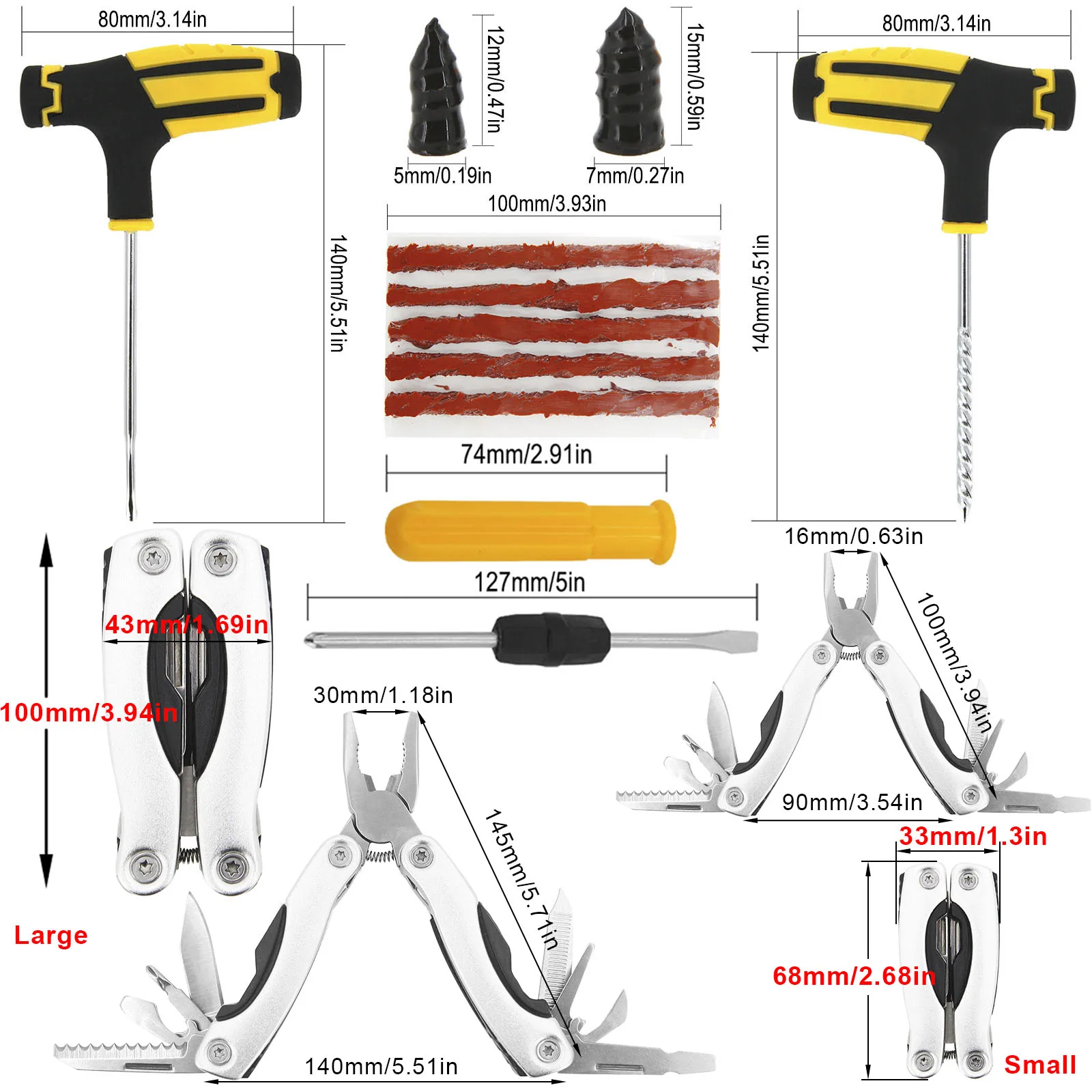 

Car Repair Tool Kit Emergency Tubeless Tire Puncture Plug Vacuum Nail Screws Tyre Pressure Gauge Pliers Pick Hook Set With Bag