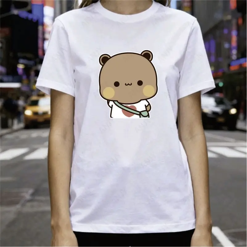 Japanese Soft Cute Animal T-shirt Cute Panda Bear Feeding Cat Pattern Loose Round Neck Top