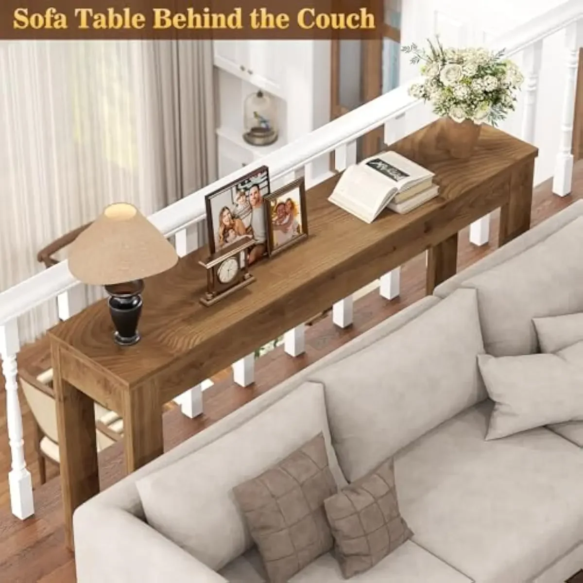 Rustic oak console table with natural grain finish, 47 inch long narrow design for entryway or behind sofa, 13.8 inch depth, sol