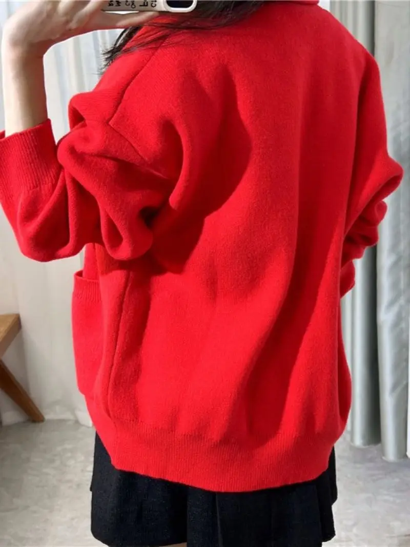 Women Letter Embroidery Cardigan Single Breasted Long Sleeve V-Neck Loose Spring 2024 Female Red Sweater