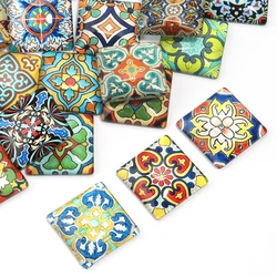 10pcs Retro Pattern Square Glass Cabochon Beads Loose Flatback Spacers Beads DIY Jewelry Ring Necklace Decoration Acccessories