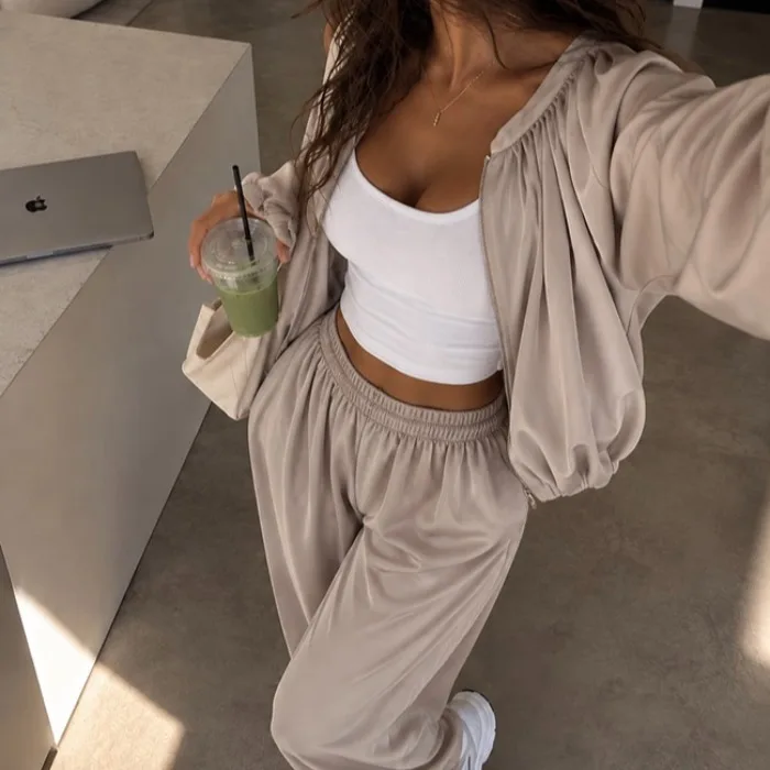 Korean Lazy Style Lightweight Texture Casual Set Loose Zipper Long Sleeve Open Cardigan Drapey Wide Leg Pants Women's Fashion...