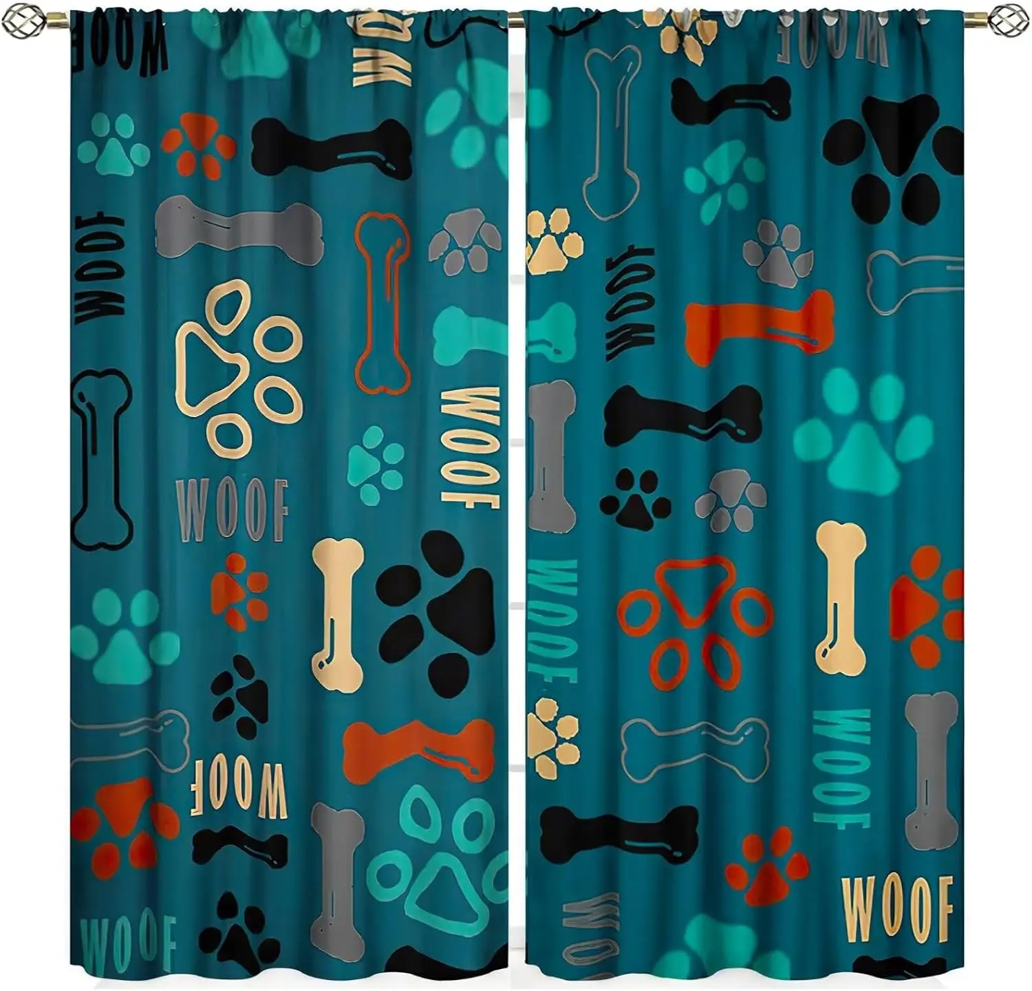 Dog Paw Print Curtains, Blue Cartoon Dog Paw and Bones Window Treatment Thermal Insulated Curtain for Kids Living Room Bedroom