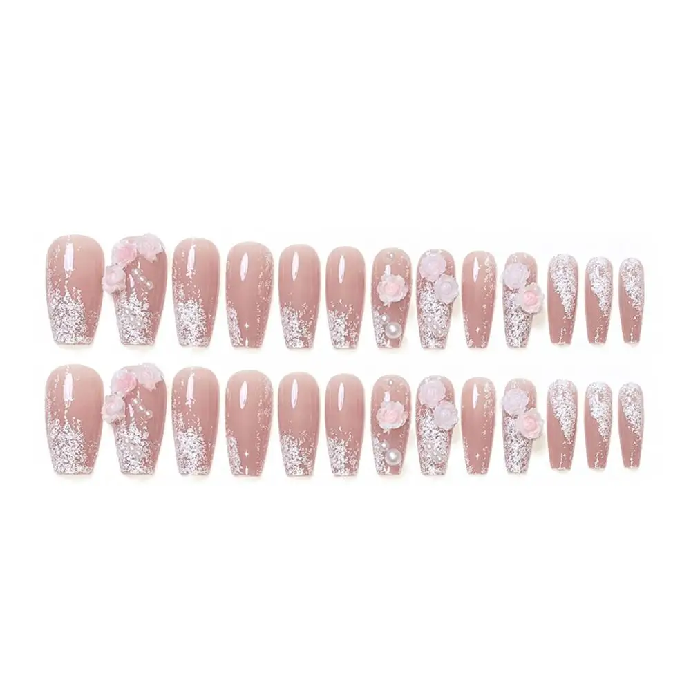 24 Uds. De uñas postizas con purpurina de perlas y flores, transparentes con gelatina, adhesivo de doble cara, usables