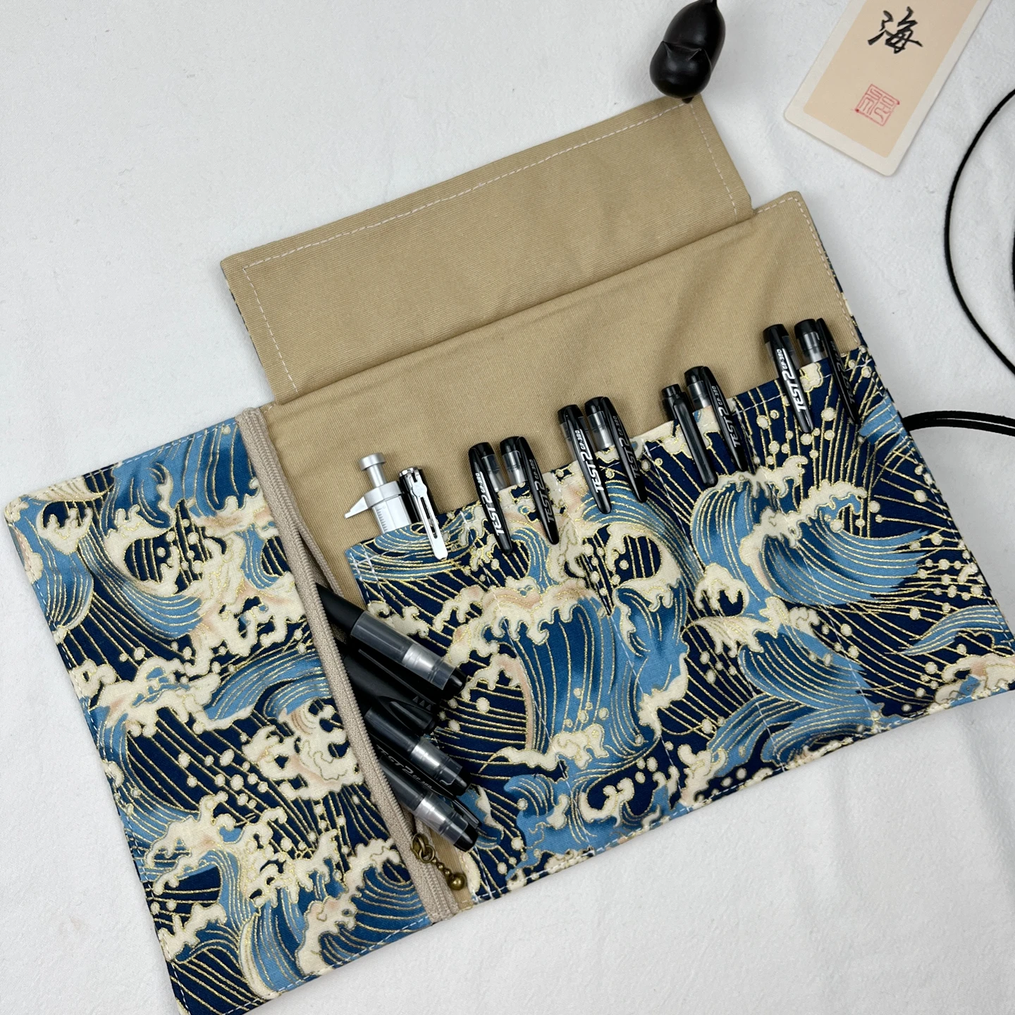 

Handmade Blue Rolling Pen Curtain Large Capacity Pen Bag Stationery Storage Bag Pen Bag Portable Rolling Curtain