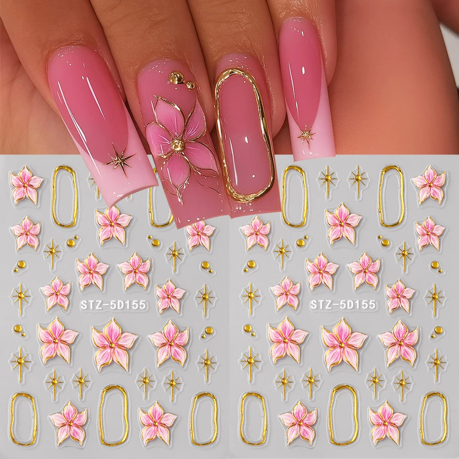 2 uds flor de hibisco en relieve pegatina artística para uñas flor rosa con anillo de Metal dorado encanto calcomanías autoadhesivas decoración de manicura