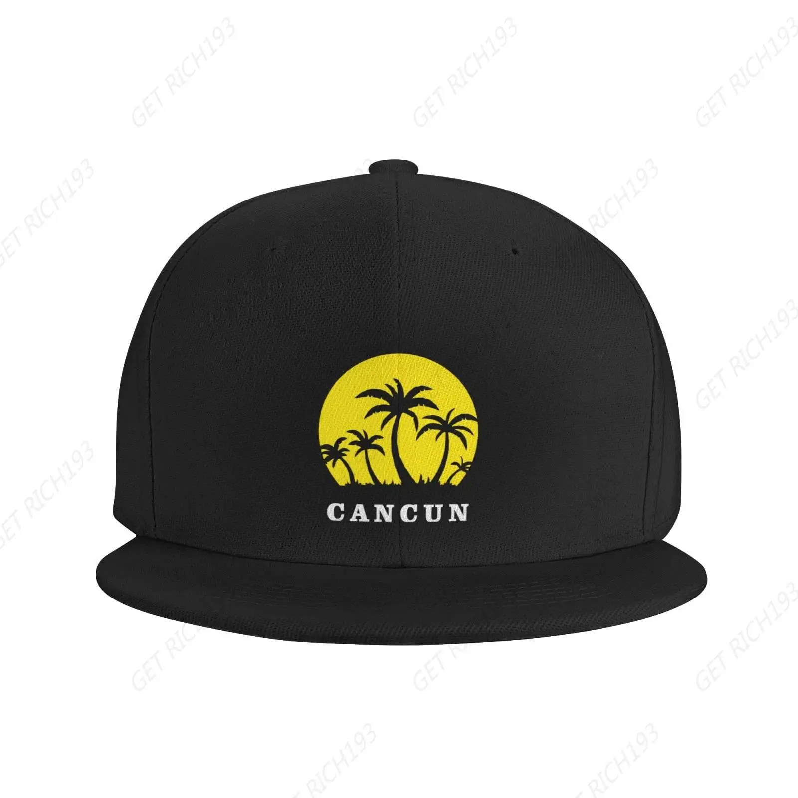 Snapback Hat Cancun Mexico Sunset Palm Beach Trucker Hat Hip Hop Classic Plaid Flat Baseball Cap Black