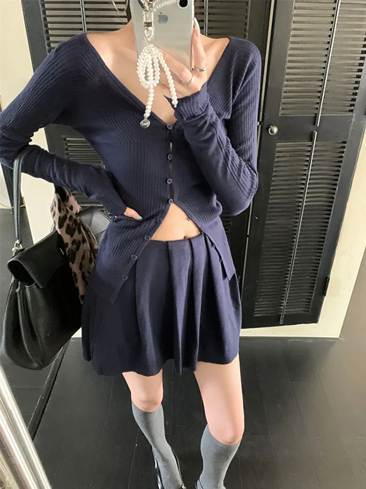 

Женские костюмы с юбкой, однотонный кардиган на пуговицах с v-образным вырезом и длинными рукавами + вязаные мини-юбки с высокой талией + жилет, женский тонкий комплект из 3 предметов