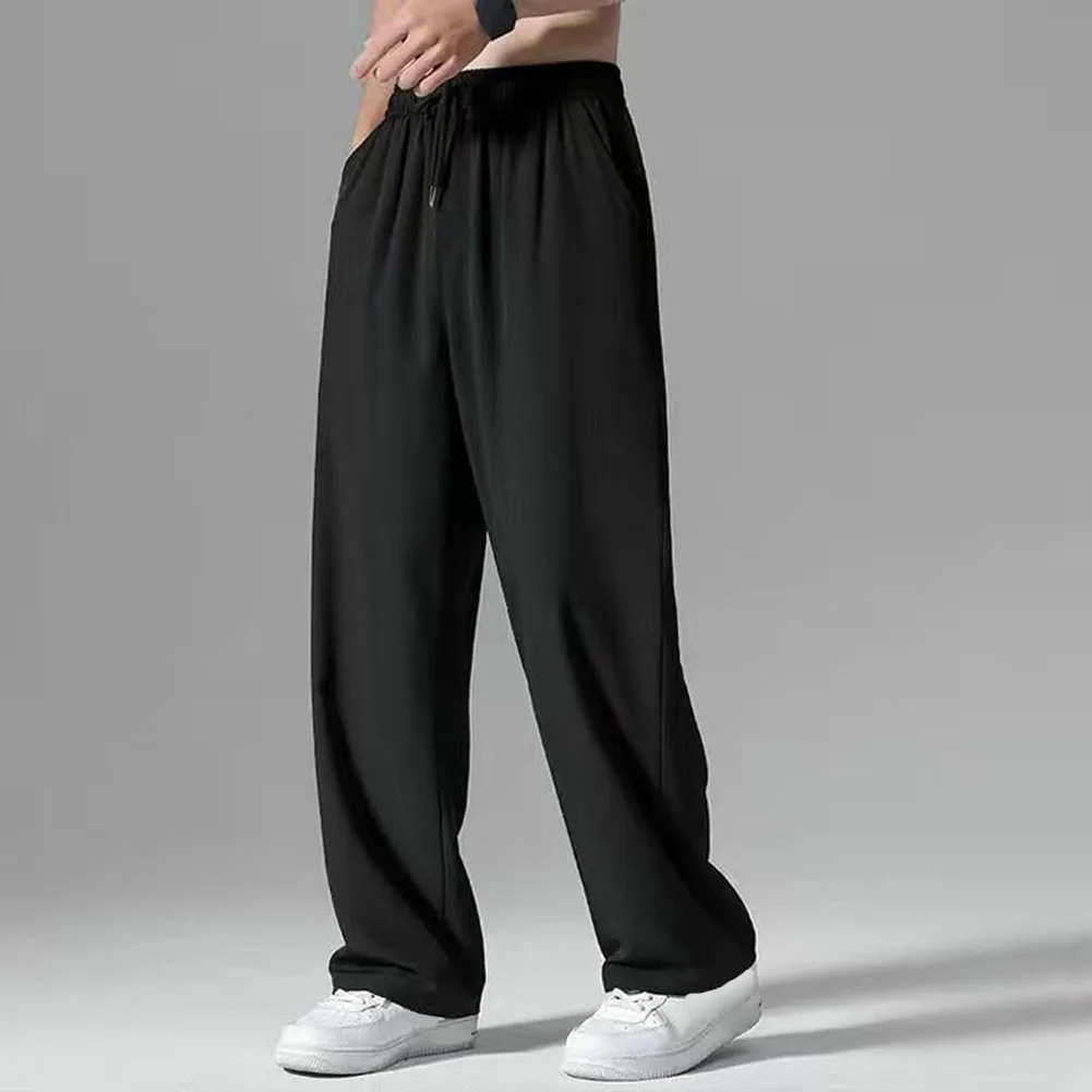 Men Ice Silk Wide Leg Loose Pants Summer Thin Breathable Straight Trousers Casual Sports Long Pants For Plus Size All Match