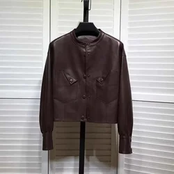 Genuine Leather Jacket O-Neck Collar Clothes Women Coat Spring Short Length Drop-Shoulder Single Breasted Pocket Decoration