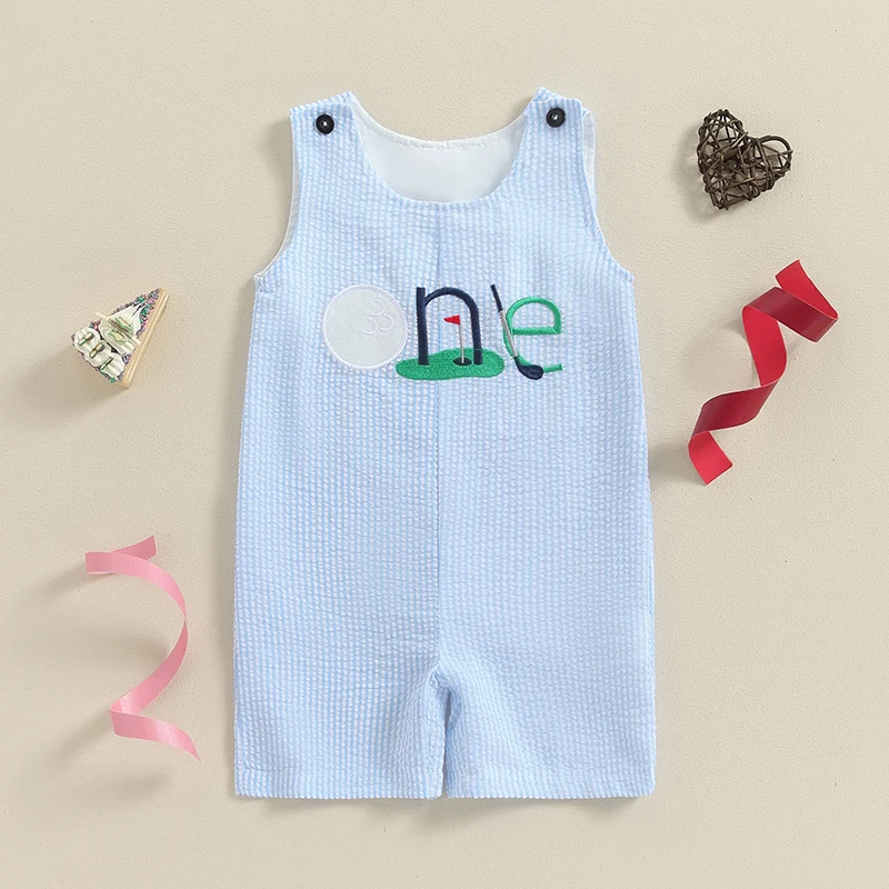 

Suefunskry Baby Boy Tank Romper Golf Number Embroidery Sleeveless Round Neck Stripe Jumpsuit