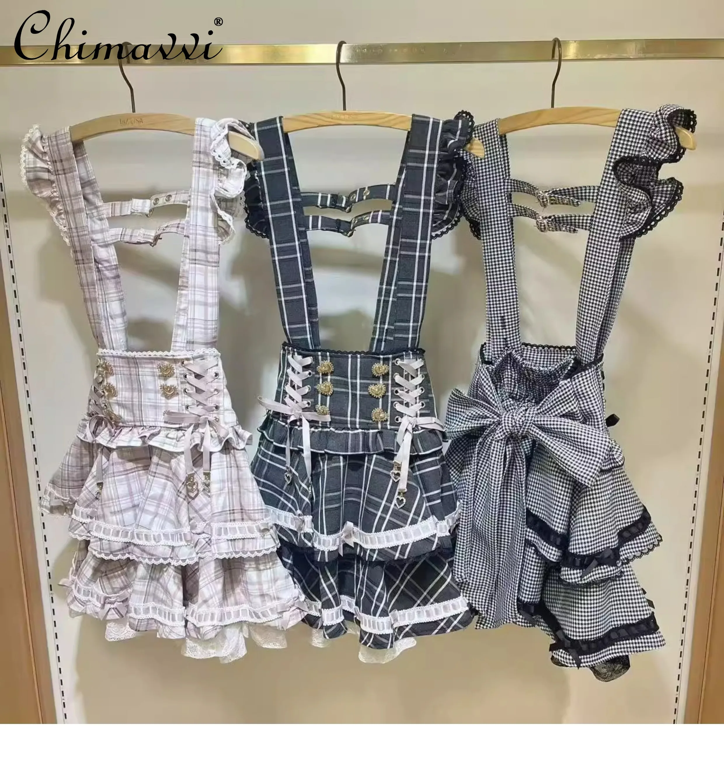 Japanische Liz Mine Serie Krawatte Große Schleife Doppelschicht Plaid Strap Rock Süße Prinzessin Mädchen Kawaii Kuchen Rock für Frauen Sommer Neue