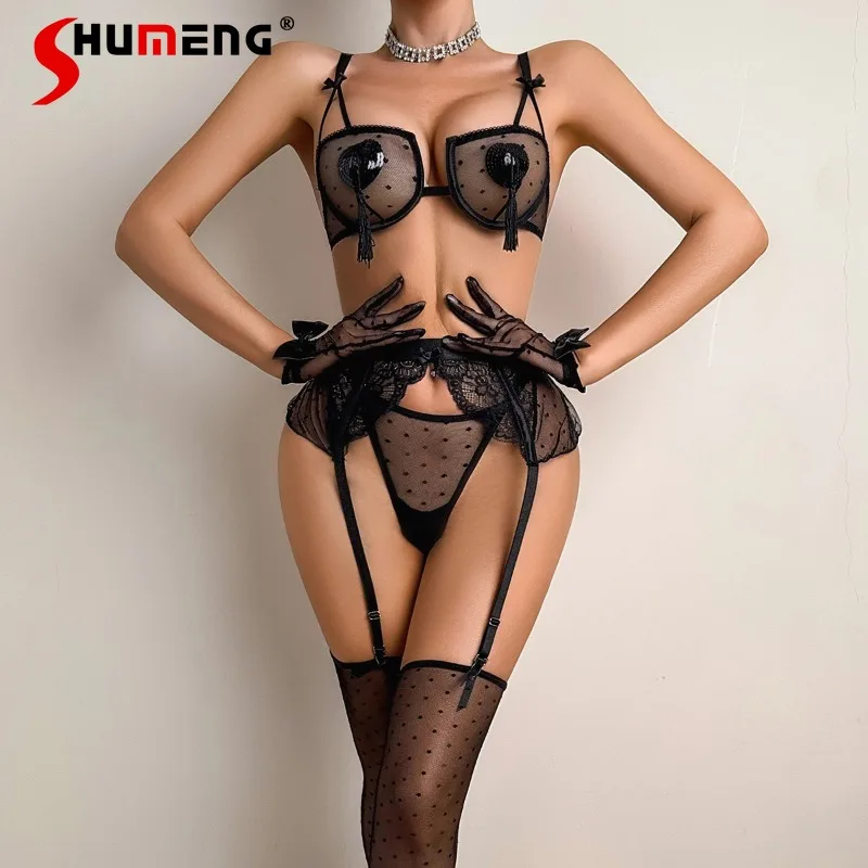 Сексуальный очаровательный комплект с кружевным бюстгальтером для женщин, черные топы и костюм нижнего белья Pure Desire, женские прозрачные короткие наряды