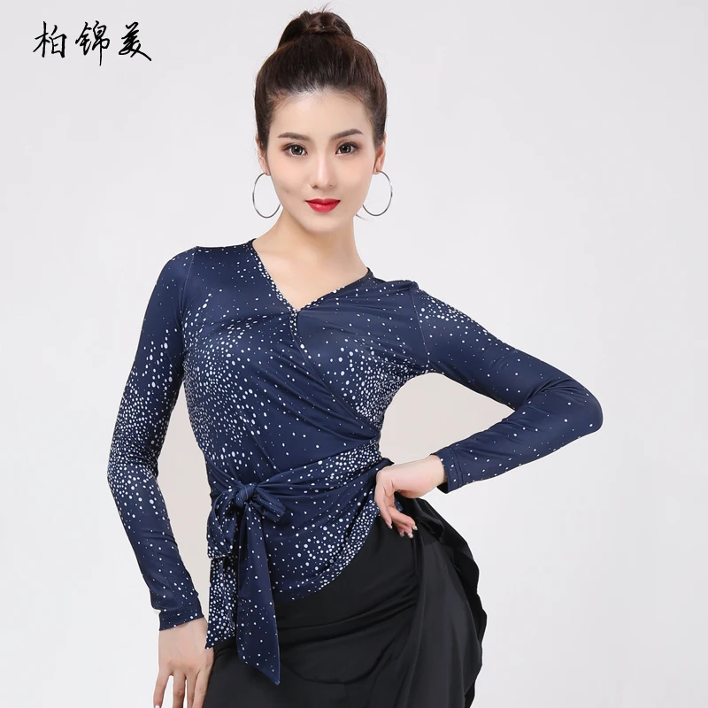 Latin dance top female adult clothing new mid-sleeve V-neck belt competition performance modern dance training clothes