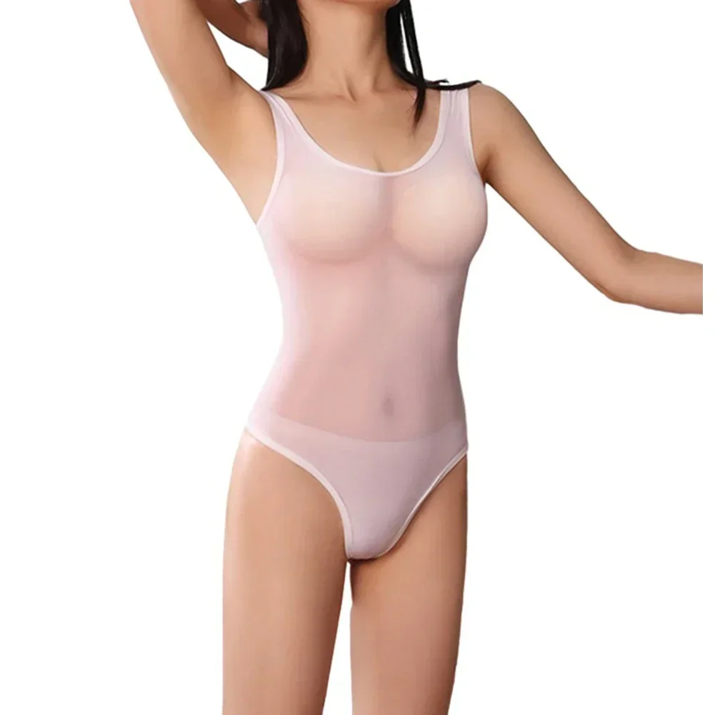 Pakaian dalam Lingerie seksi berkilau minyak wanita Bodysuit tembus pandang Leotard Thong intim halus Bikini nilon elastis