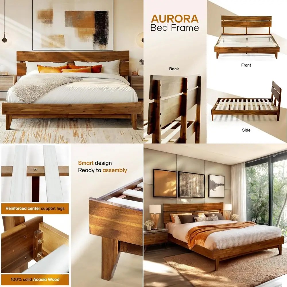 

King Size Acacia Aurora Wooden Bed Frame with Headboard, Supporting All Mattress Types, 800 lbs Capacity