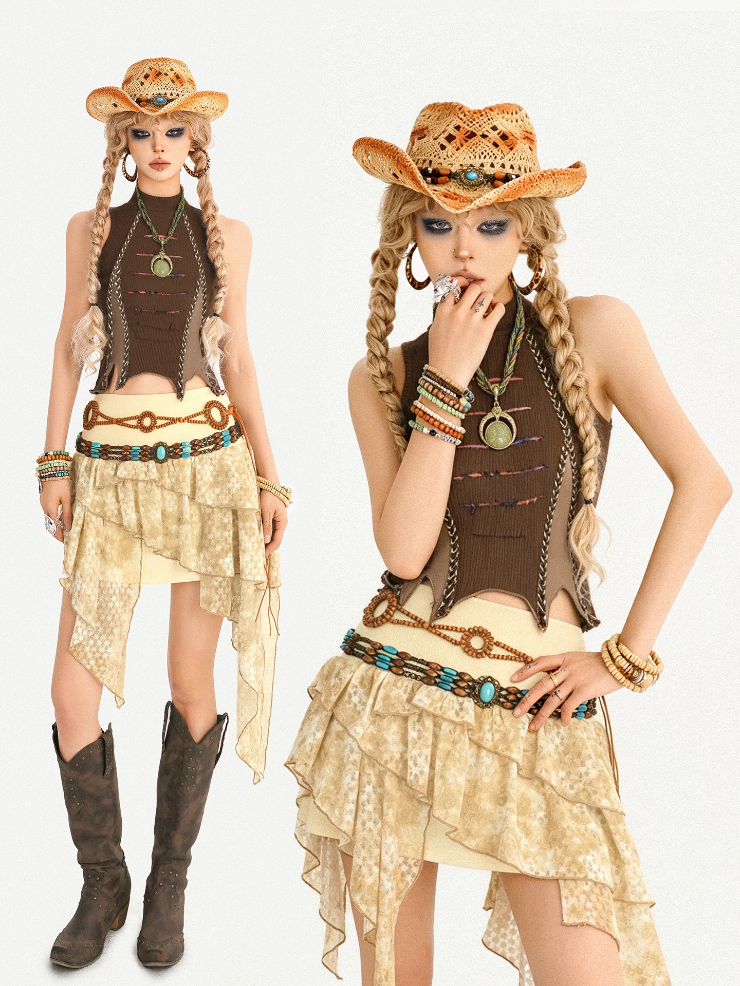 

Retro Apocalyptic Splicing Design Halter Neck Vest Women's Top for Music Festival Wear Lace Trim Slim Fit Short Length