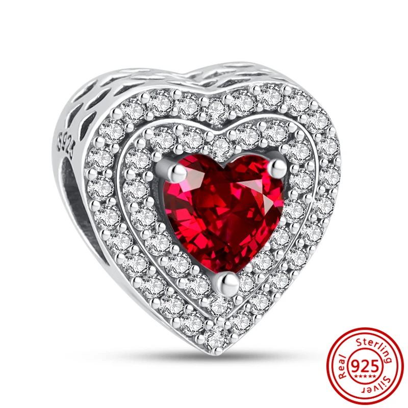 925 Sterling Silver Red Heart Zircon Series Love Pendant Sparkling Beads Fit Original Pandora Charms Bracelet DIY Making Jewelry