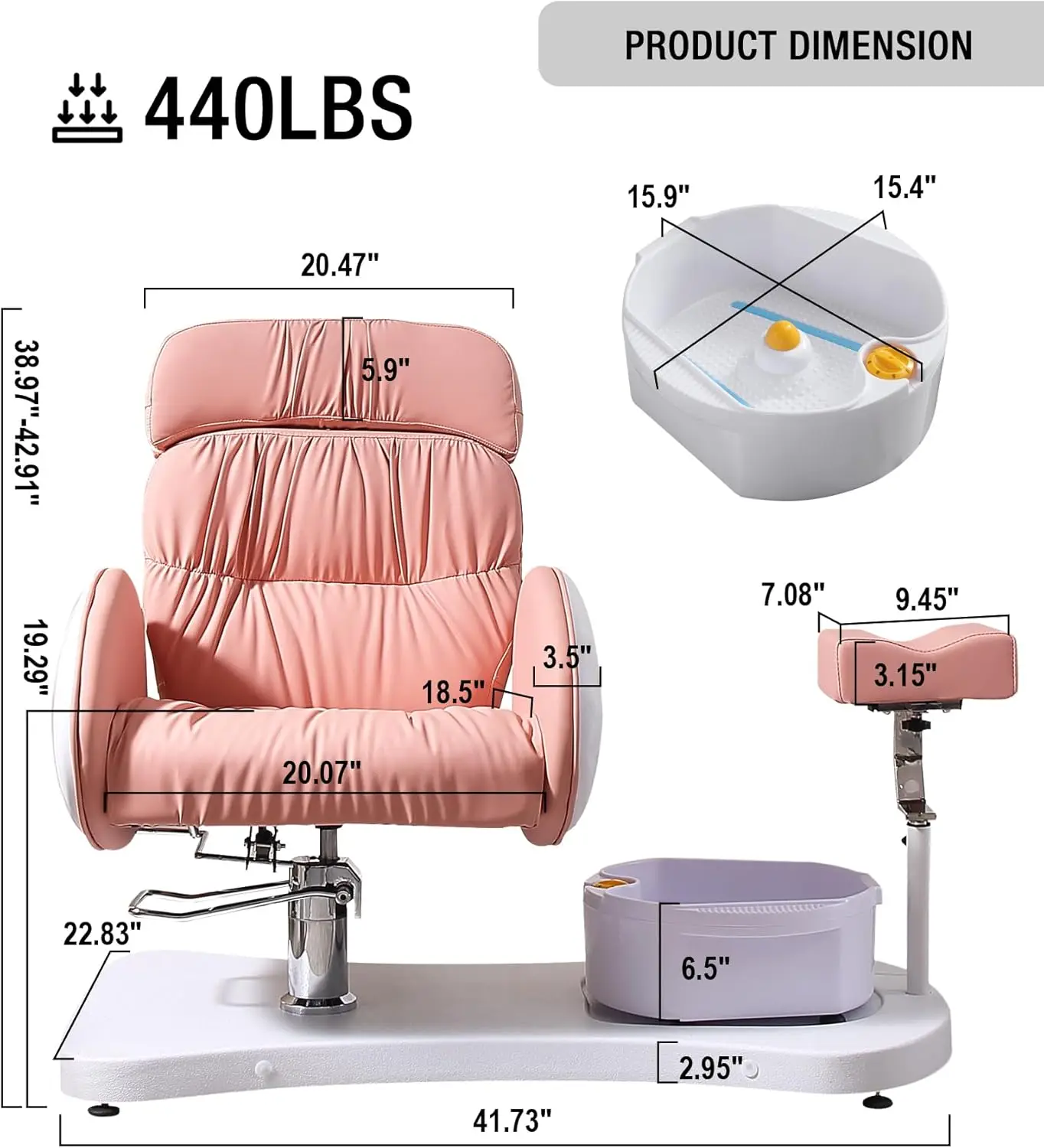 Pedicure Foot Spa, Hydraulic Pedicure Chair for Nail Tech No Plumbing, 360 Swivel Reclining Pedicure Unit Station w/Bow, Pink