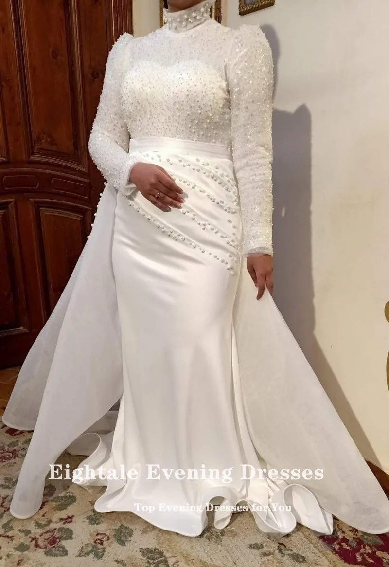 Robe de mariée arabe de quatre-quarts personnalisée ivoire col haut perles robe de mariée manches longues perlée musulmane sirène robe de soirée de mariée