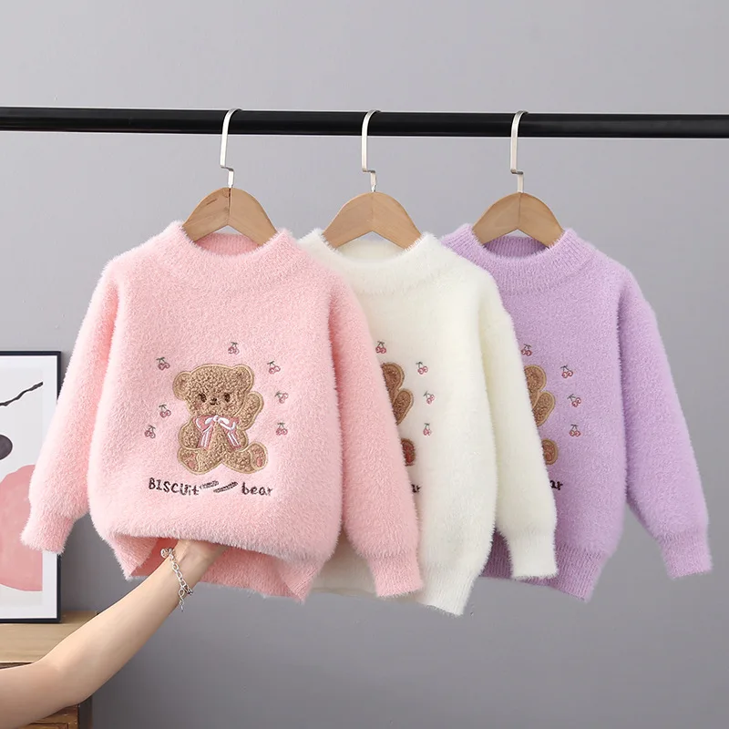 Autumn Winter 2022 Children\'s Sweater Pullover Girls\' Round Neck Knitwear Flocking School 3-11 Years Teenage Girls Tops FY10051