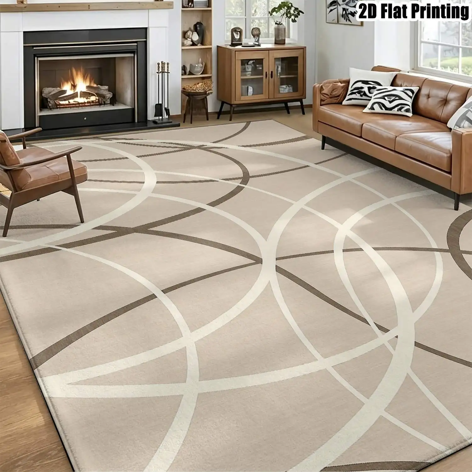 1Pc 2D Printed Nordic Minimalist Geometric Carpet, Beige Lines, Multi-Size Machine Washable, for Entrance, Living Room, Bedroom, Dining Room, Foyer, Home Decor Instagram Style Floor Mat
