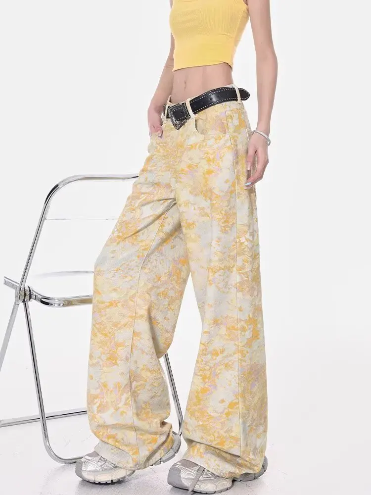 Y2K خمر الأزهار طباعة عالية الخصر شارع العليا مستقيم الجينز السراويل الكورية أزياء المرأة واسعة الساق فضفاض الدينيم بنطلون