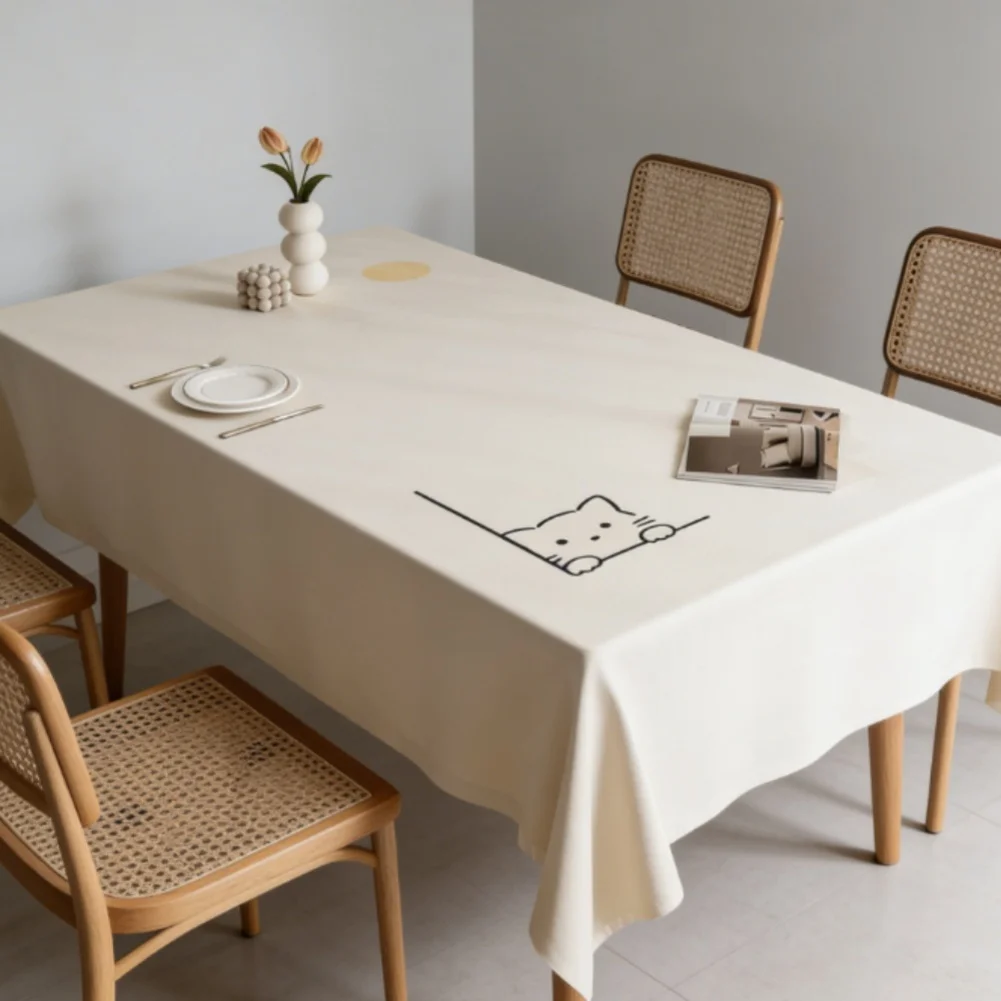 Waterproof Cream PVC Tablecloth Oil Resistant Soft Lambskin Texture Heat Resistant 80 cm x 120 cm Rectangle Table Cover