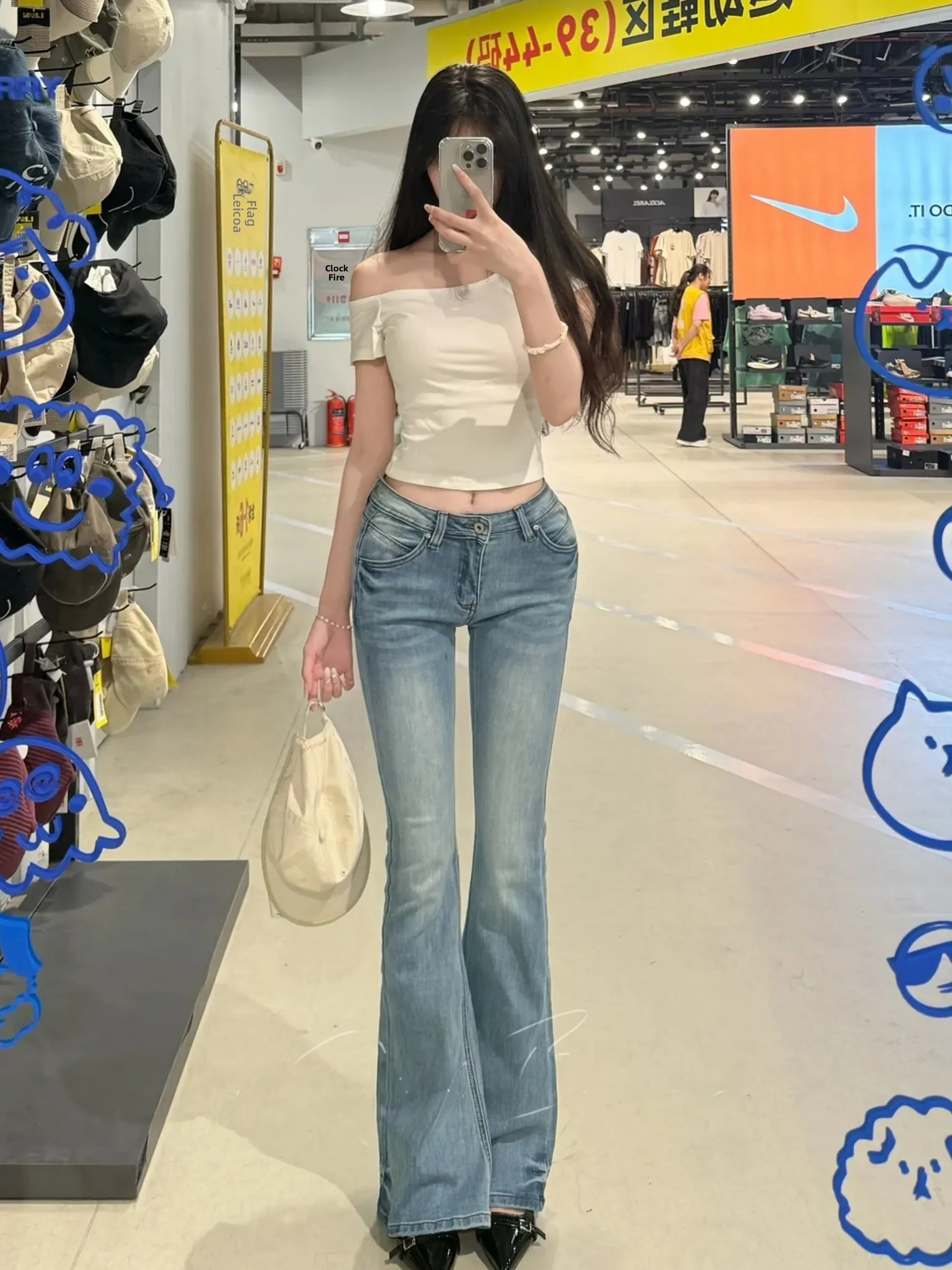 Low-Waist Bell Bottom Jeans Women's Slimming Tight Floor-Length Cheek Enhancing Washed Denim American Hot Girl Style