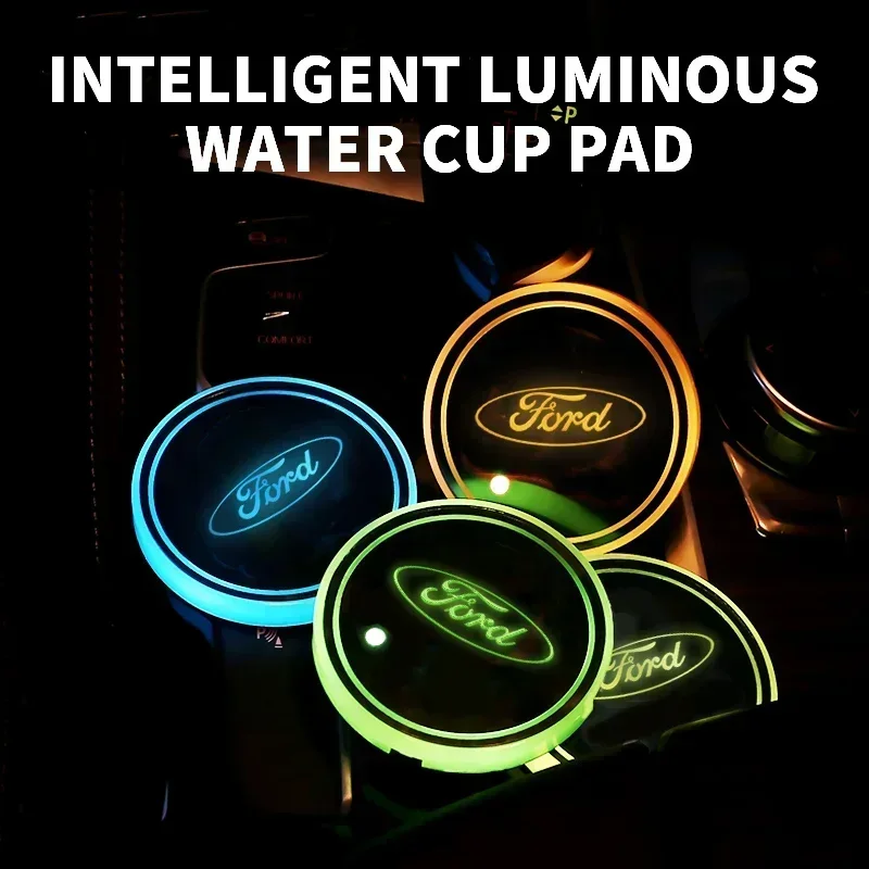 2Pcs Car Luminous Coaster Non-Slip MatFor Ford Focus Mk2 Mk3 Fiesta Ranger Mondeo Mk4 S-MAX Kuga Mustang Escort Accessories