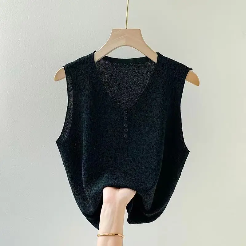 여름 패션의 여성용 아이스 실크 조끼 브이넥 버튼 서스펜더와 배와 민소매 탑을 덮는 다용도 배