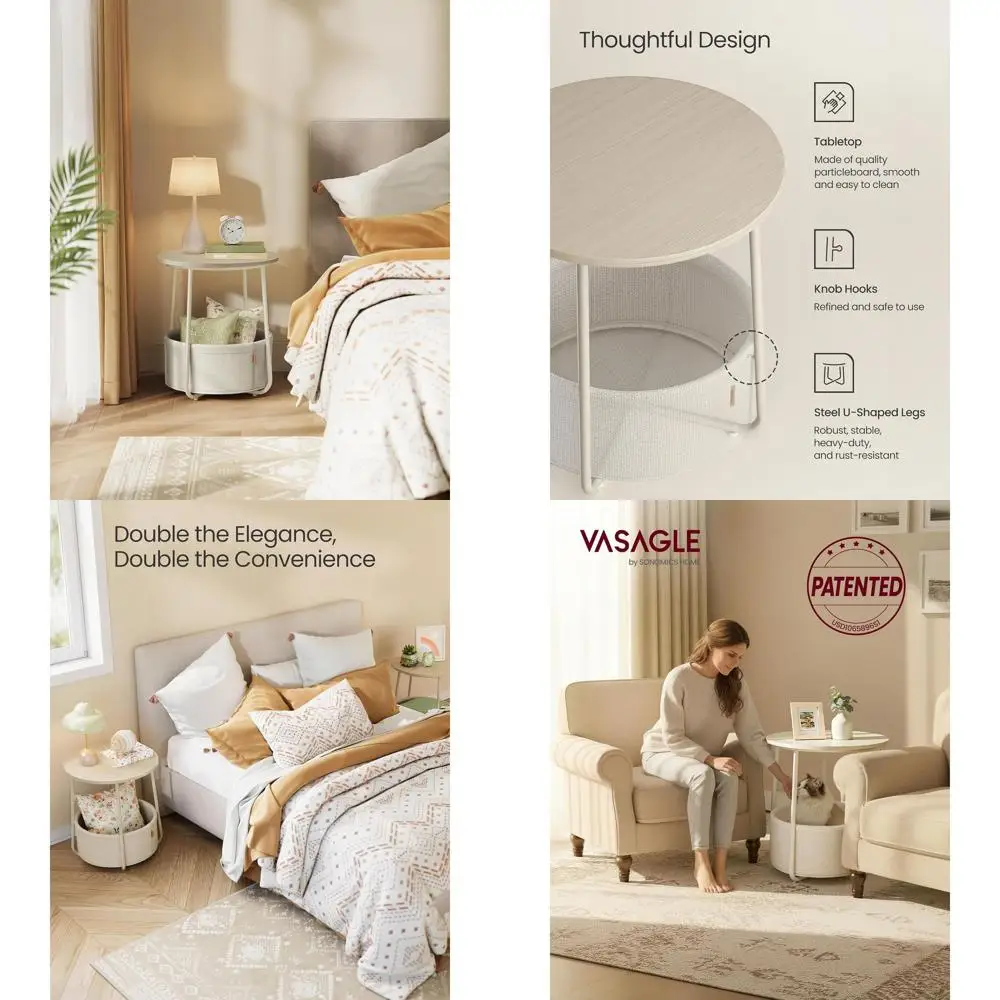 

Кремово-белый маленький круглый приставной столик с тканевой корзиной, идеально подходит для гостиной или спальни, комплект из 2 штук