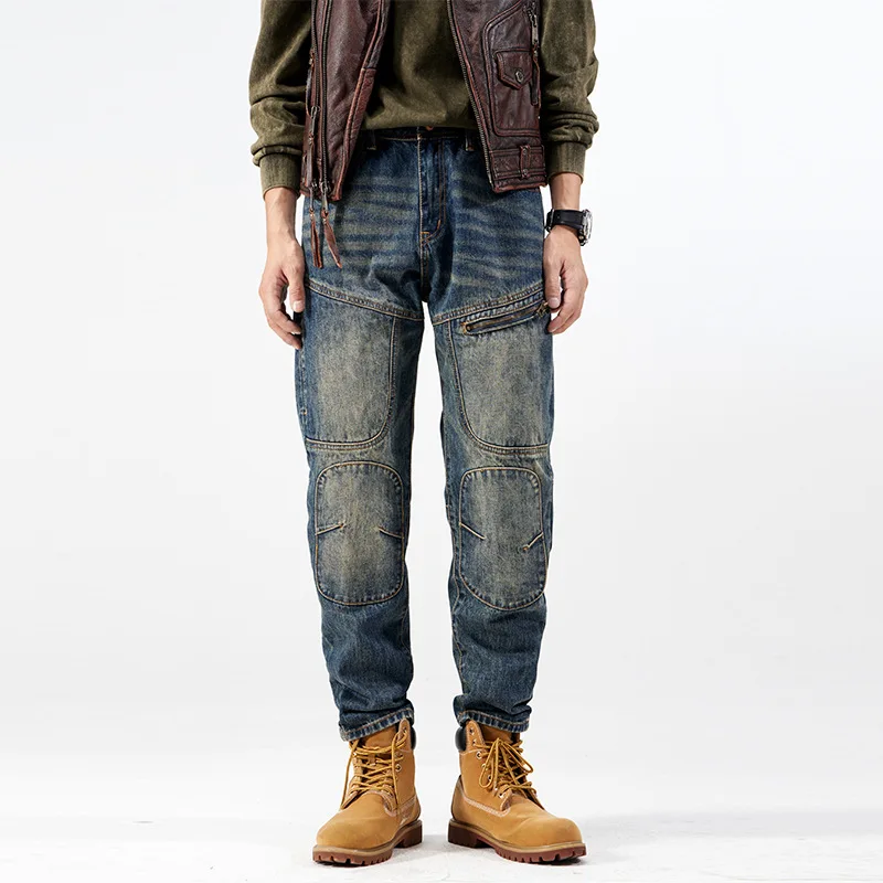 Autumn New Fashion Men's Loose Simple Basic Solid Color Spliced Casual Trendy Straight Denim Trousers Male Zipper Jeans Pants