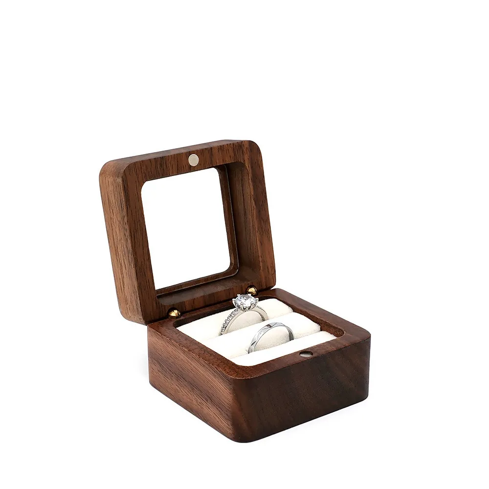 

Wooden Ring Organizer Case Window Open Square Earring Display Box Handmade Microfiber Lining Jewelry Storage Box Wedding Propose