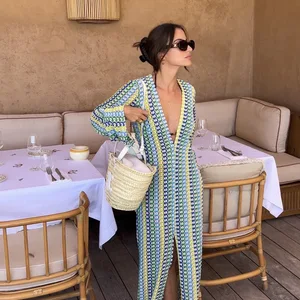 Vestido maxi listrado colorido para mulheres, manga flare, decote em v, divisão alta, vestidos longos sexy, banquete de praia, outono, novo, 2023 8 principais vendas vestido longo casual verão decote v - №5