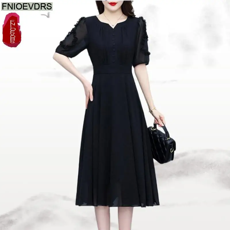 느슨한 옷 여성 2025 여름 패션 사무실 레이디 기본 버튼 프릴 레트로 빈티지 레이디 우아한 블랙 셔츠 드레스
