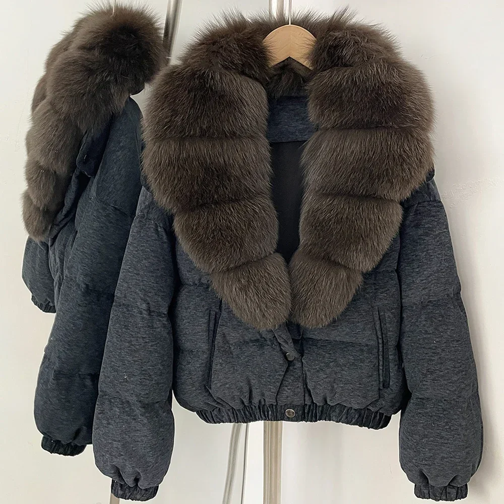 OFTBUY Neue Winterkleidung Übergroßer Echter Fuchspelz Kurzer Daunenmantel Damen 100% Baumwolle Waschbärpelz Entendaunen Pufferjacke Frauen – Detail 17