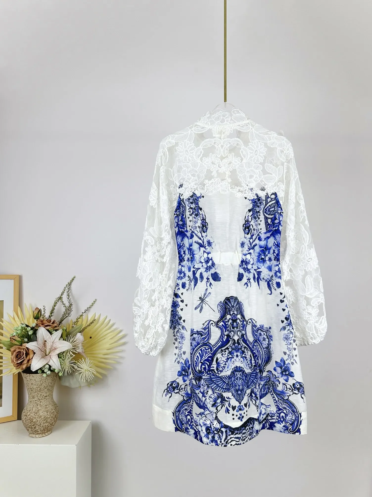 Women Blue Floral Print Dress Autumn New Lace Stitching Stand Collar Single Breasted Long Sleeve Elegant Ladies Mini Robe