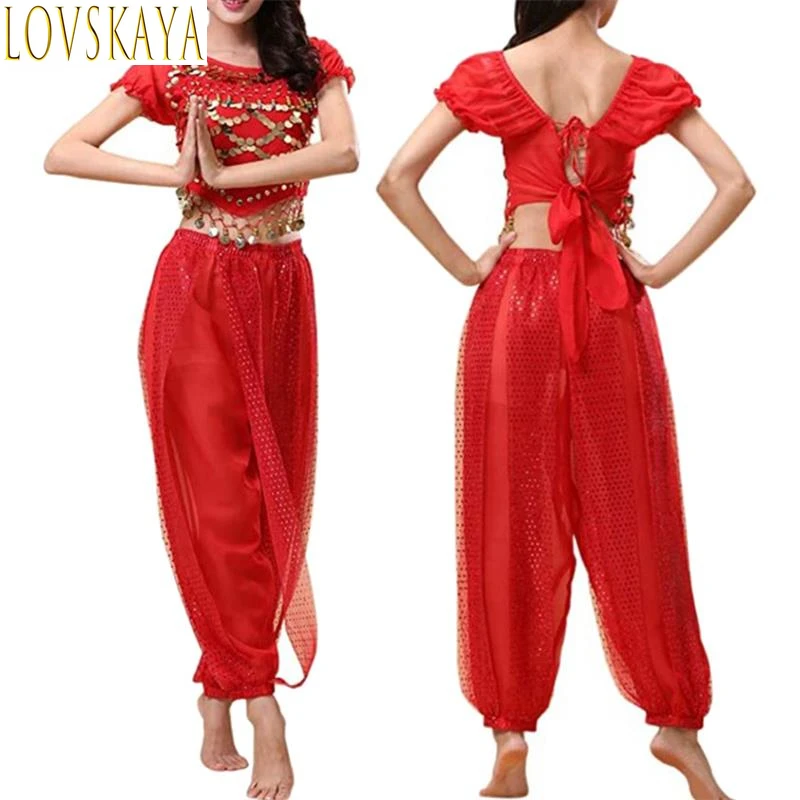 Ropa de diosa árabe de Halloween para mujer, ropa de danza del vientre, Top de ombligo abierto con lentejuelas, conjunto de pantalones, danza India Oriental