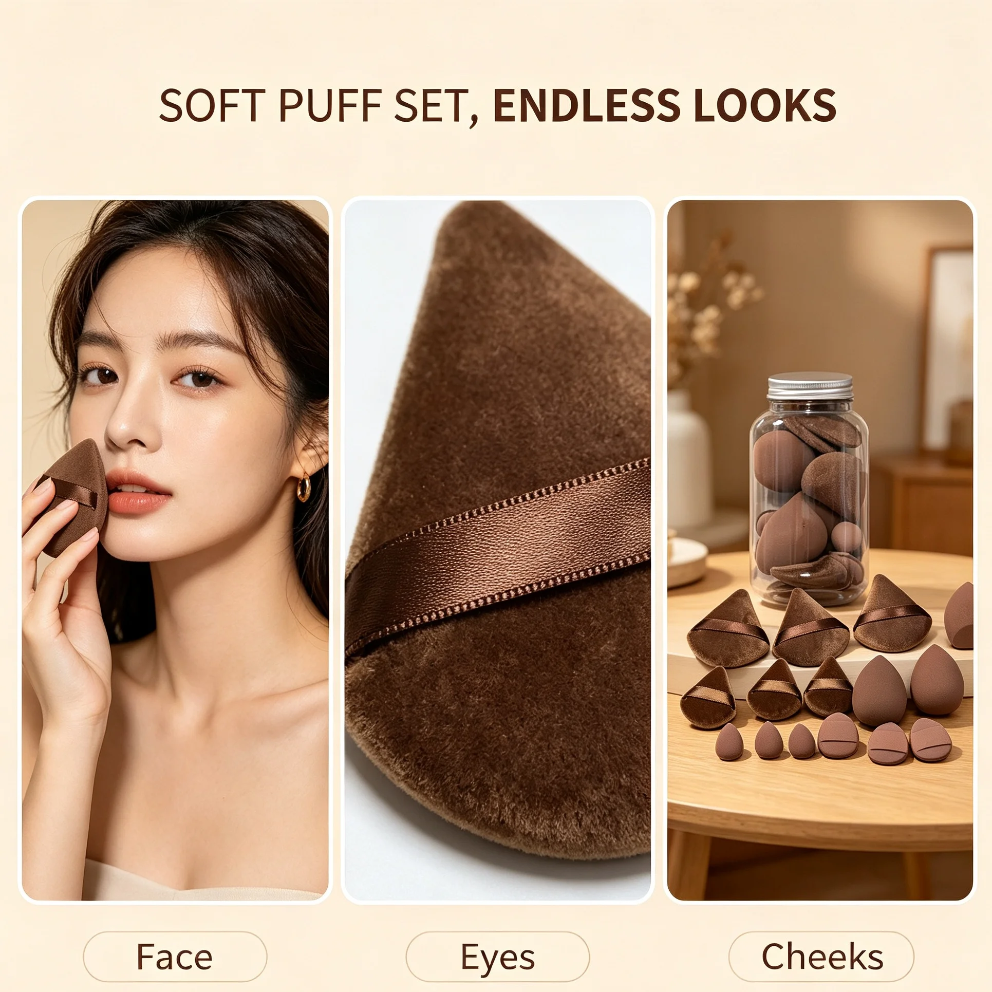 15-piece set of various specifications brown sponges and beauty blenders, canned combination pack.