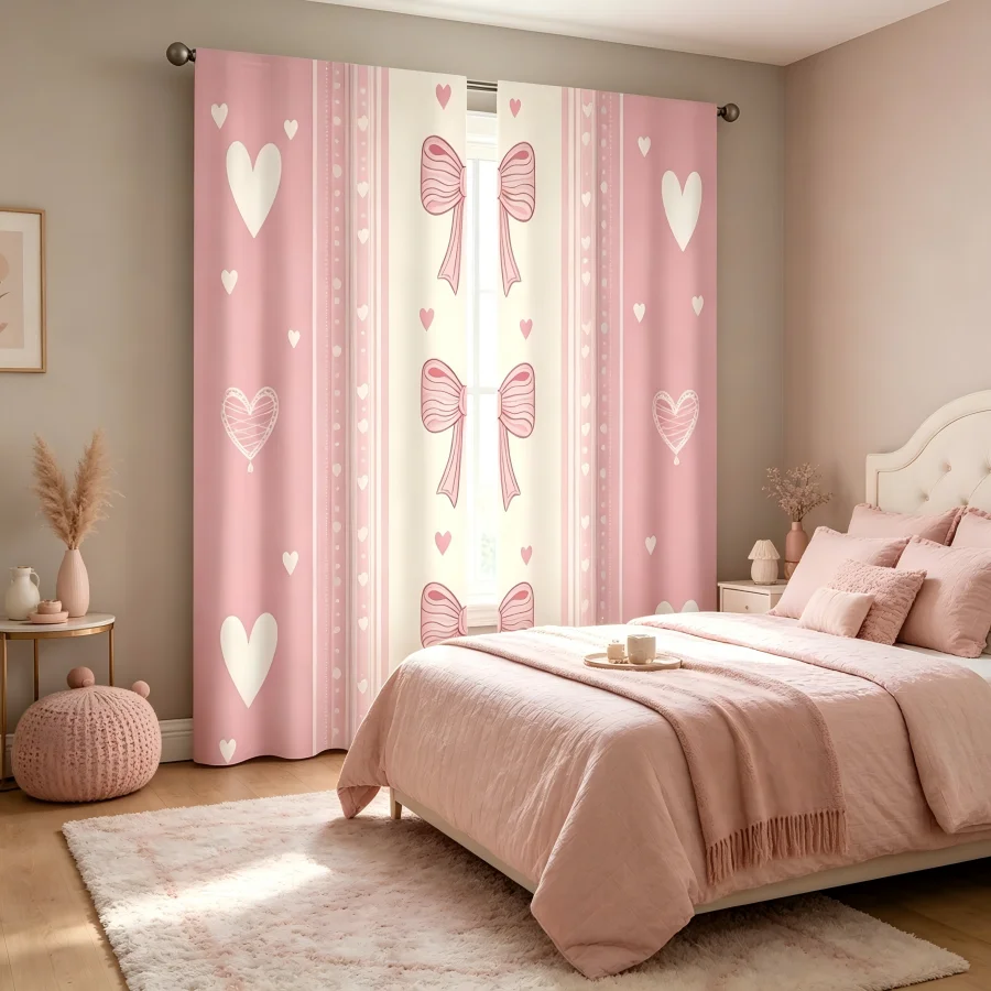 2PCS Digital Print  Curtain, Vertical Stripes Bow Tie, Botanical Print Window Drape for Living Room Bedroom Home Decor