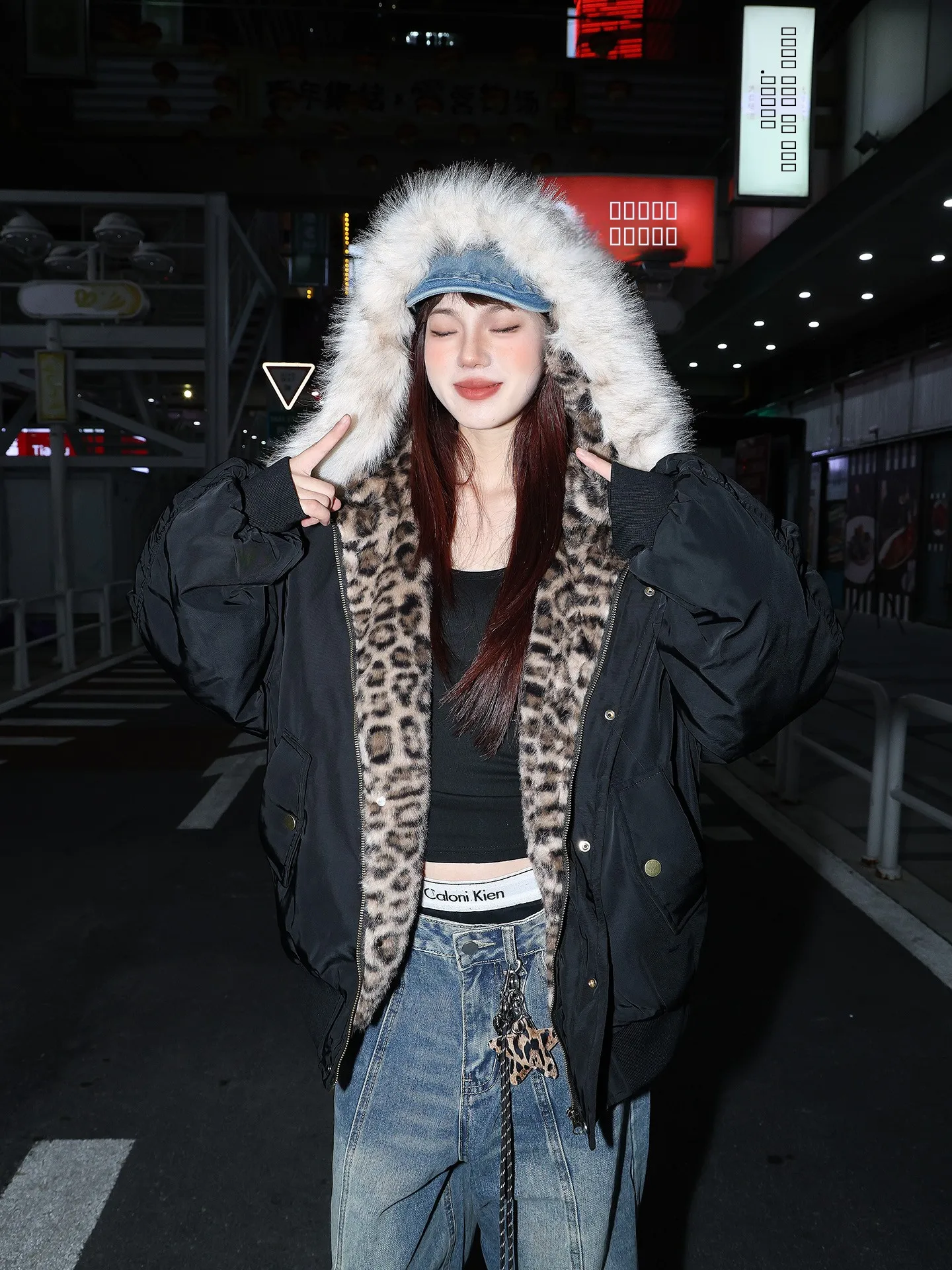 

Retro American Leopard Print Hooded Thiened Cotton Jaet Men's Cleanfit Warm Couple's Cotton Outerwear Coat Youth Trend