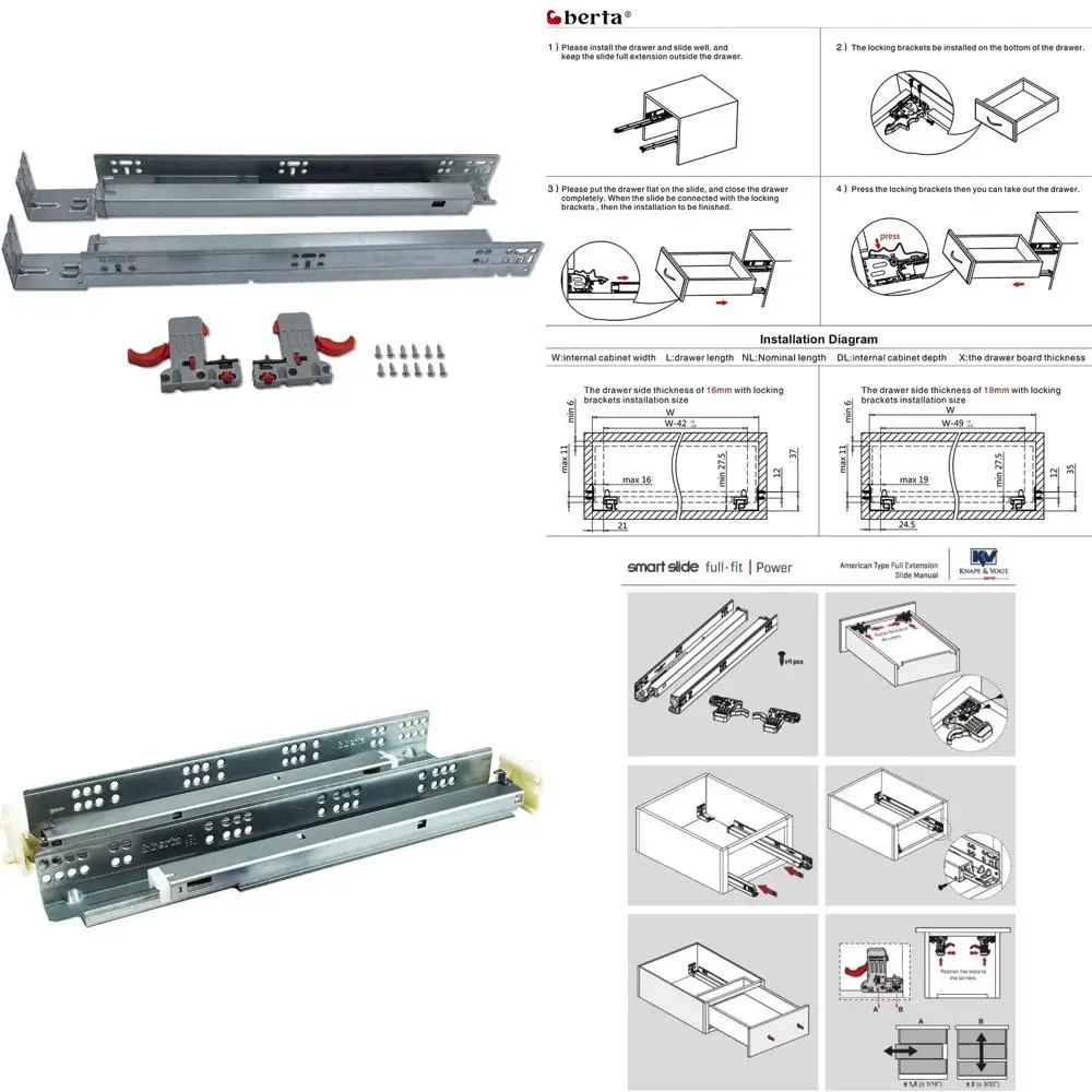 

Полноэдвижные направляющие для ящиков с мягким закрыванием, с запирающим механизмом, металлическими кронштейнами и нержавеющей сталью для 6 пар KV15